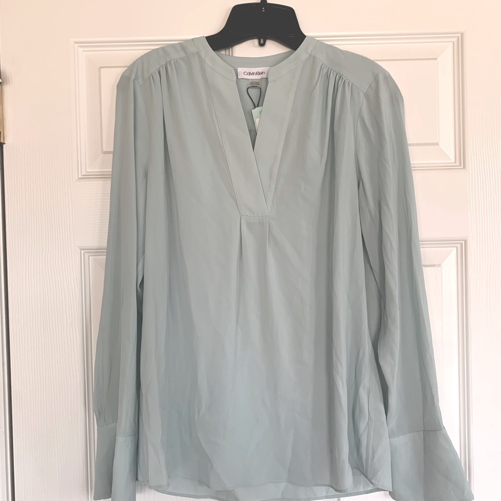 Calvin Klein itai pleat shoulder detail blouse, light blue, small, new with tags